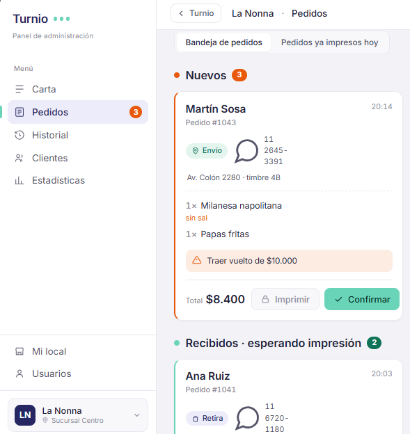 Panel de pedidos de Turnio Menú PRO